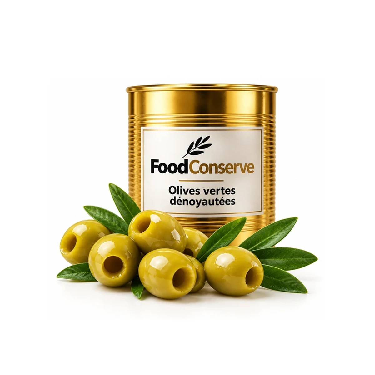 Boîte dorée d’olives vertes dénoyautées FoodConserve