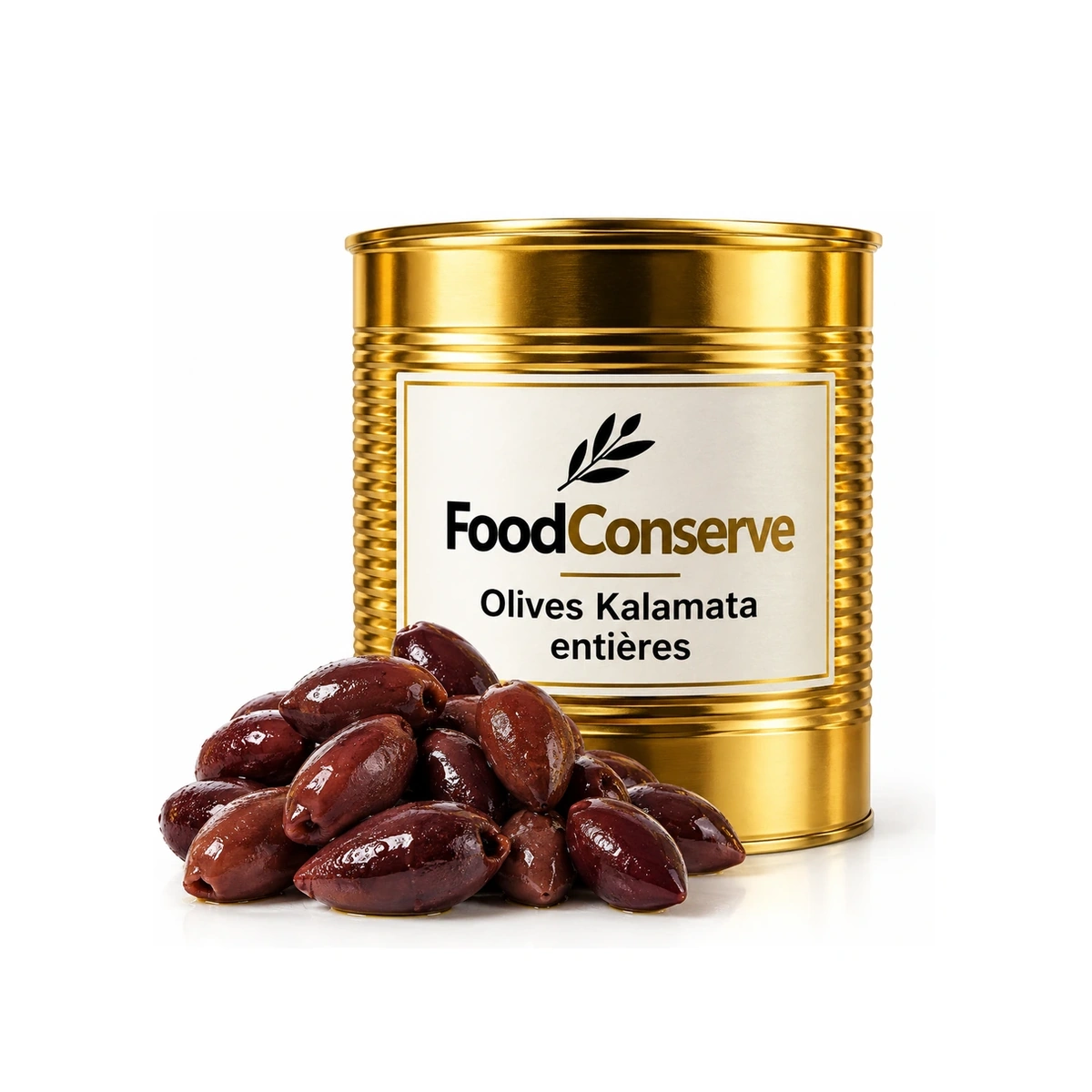 Boîte dorée FoodConserve et olives Kalamata entières