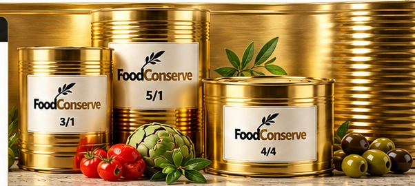 Boîtes dorées FoodConserve avec étiquette et brin d’olivier